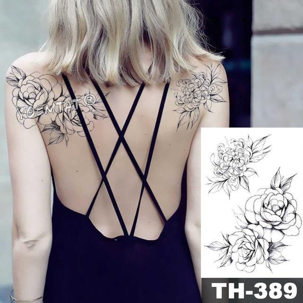 Sketch Flower Blossom Peony Rose Waterproof Temporary Tattoo Sticker Black Tattoos Body Art Arm Hand Girl Women Fake Tatoo