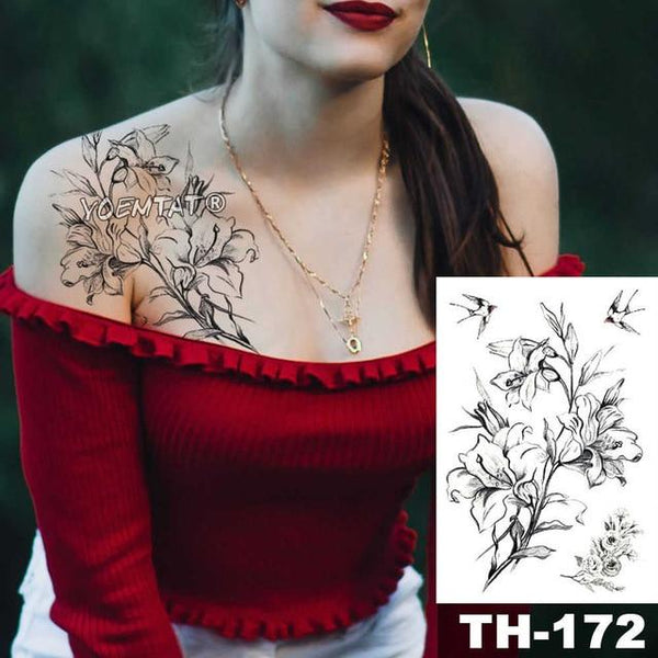 Sketch Flower Blossom Peony Rose Waterproof Temporary Tattoo Sticker Black Tattoos Body Art Arm Hand Girl Women Fake Tatoo