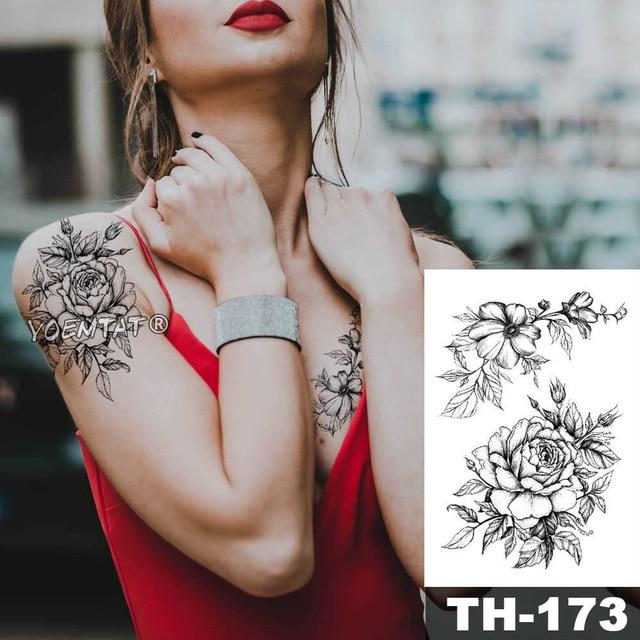 Geometric Flower Rose Eye Leaves Waterproof Temporary Tattoo Sticker Diamond Peony Black Tattoos Body Art Arm Fake Tatoo