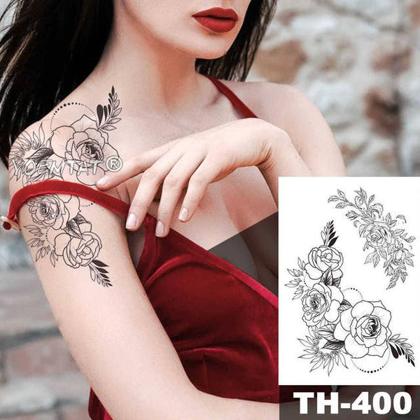 Geometric Flower Rose Eye Leaves Waterproof Temporary Tattoo Sticker Diamond Peony Black Tattoos Body Art Arm Fake Tatoo