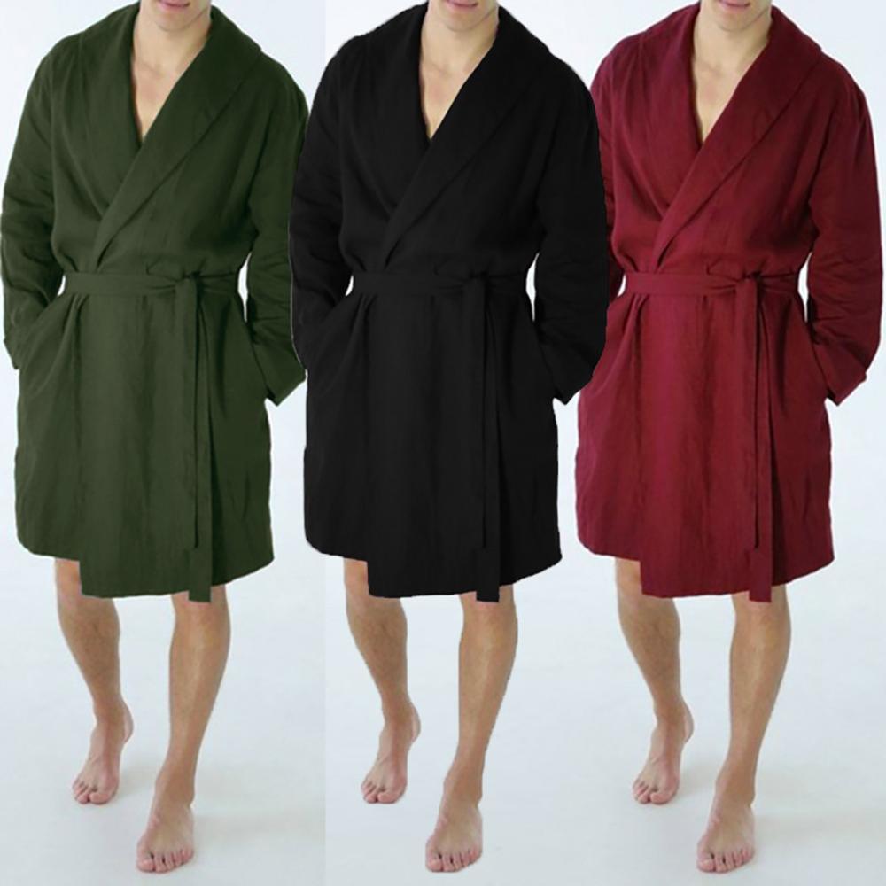 Men's Linen Pajama Casual Pure Color Cotton Linen Long Bathrobe Sexy Home Nightgown Pajamas Robe Nightgown Men Summer Ð¿Ð¸Ð¶Ð°Ð¼Ð°