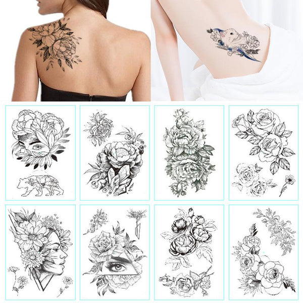 Fashion Black White Flower Tattoo Sticker Women Body Art Peony Rose Waterproof Water Transfer Temporary Tattoo
