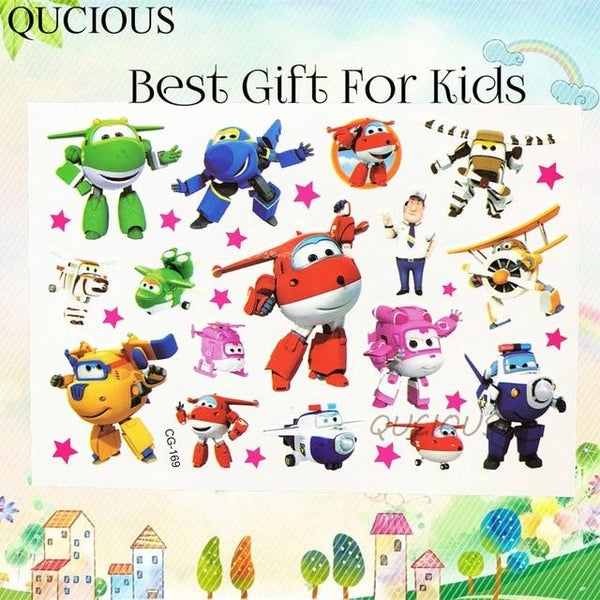 QUCIOUS Disposable Cartoon Super Wings Tattoos Temporary For Boys Kids Body Art Tatoo Sticker Flash Racing Cars DIY Tattoo Plane