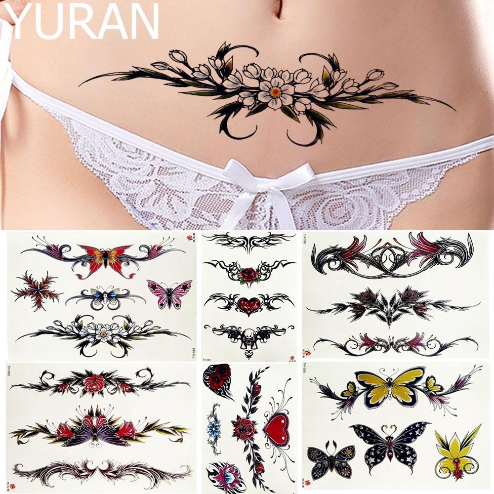 YURAN Black Tulip Totem Tattoos Stickers Women Body Waist Arm Art Bracelet Tattoos Temporary Girls Butterfly Tatoos Rose Chains