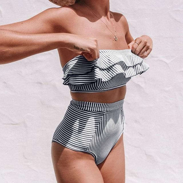 VIEUNSTA Women Sexy Strapless Bikini Swimsuit Ruffled High Waist bikini set Swimwear Striped Wrap Female Biquini Bathing suit