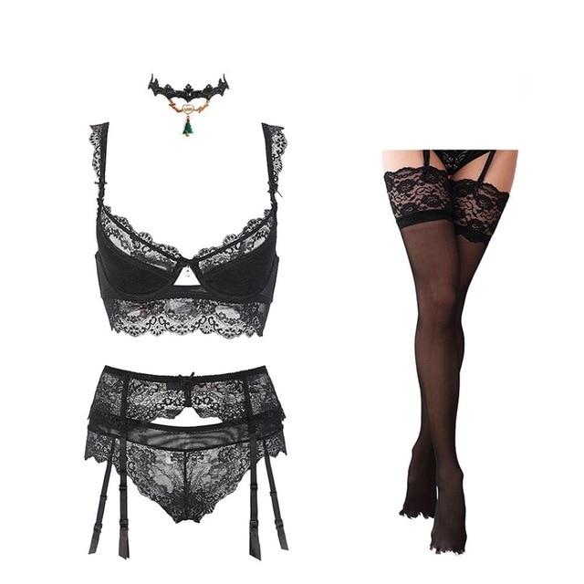 Varsbaby sexy lace push up bra sets bra+panties+garter+stockings+necklace Christmas 5 Pcs/Lots