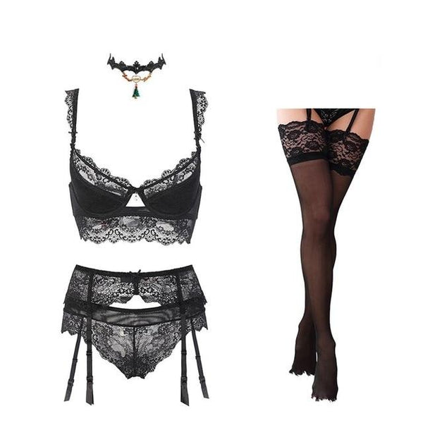 Varsbaby sexy lace push up bra sets bra+panties+garter+stockings+necklace Christmas 5 Pcs/Lots