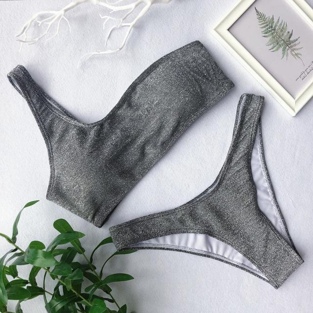 In-X Sexy thong bikini 2019 High cut swimsuit Silver push up bikini Shiny brazilian swimwear women bather Underwire Bathing suit