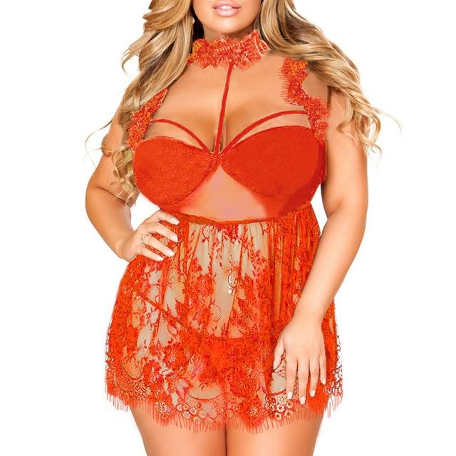 Women Sleepwear Plus Size Eyelash Lace Ruffled Lace Mesh High Neck Babydoll Sexy Lingerie sexy lady nightwear erotic dress