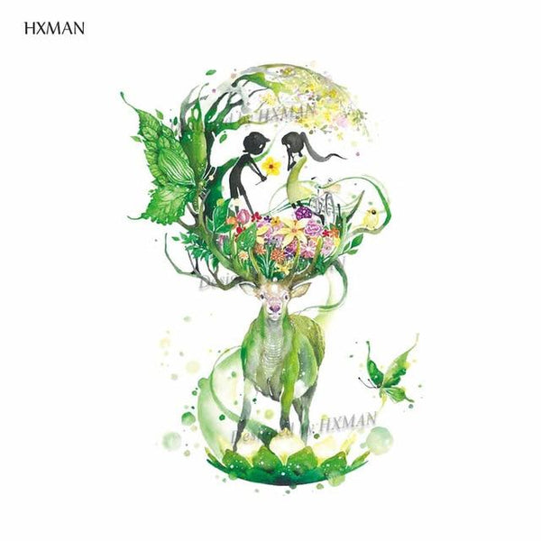 HXMAN Watercolor Deer Temporary Fake Tattoo Body Art Sticker Animal Waterproof Women Men Hand Tattoo Hot Design 9.8X6cm A-118