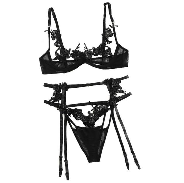 3Pcs Women Sexy Lingerie Set Erotic Floral Embroidery Bra with Thong Brief Garter Porno Sex Open Bra Babydoll Langerie Underwear