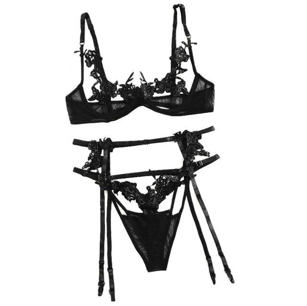 3Pcs Women Sexy Lingerie Set Erotic Floral Embroidery Bra with Thong Brief Garter Porno Sex Open Bra Babydoll Langerie Underwear