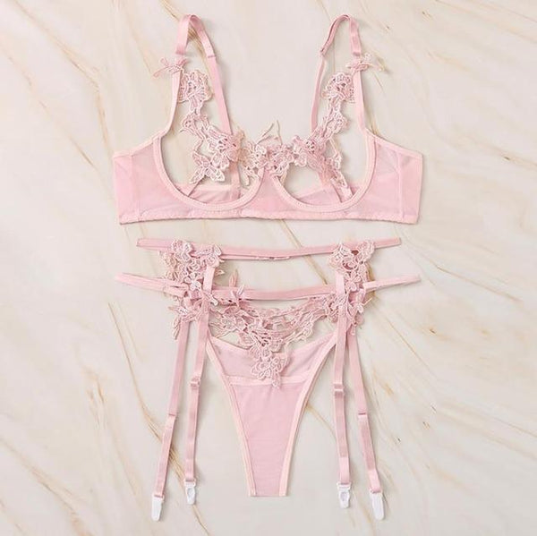 3Pcs Women Sexy Lingerie Set Erotic Floral Embroidery Bra with Thong Brief Garter Porno Sex Open Bra Babydoll Langerie Underwear