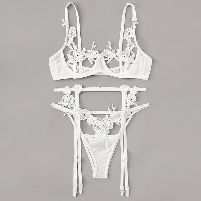 3Pcs Women Sexy Lingerie Set Erotic Floral Embroidery Bra with Thong Brief Garter Porno Sex Open Bra Babydoll Langerie Underwear