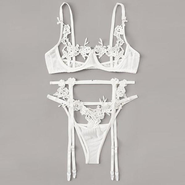 3Pcs Women Sexy Lingerie Set Erotic Floral Embroidery Bra with Thong Brief Garter Porno Sex Open Bra Babydoll Langerie Underwear