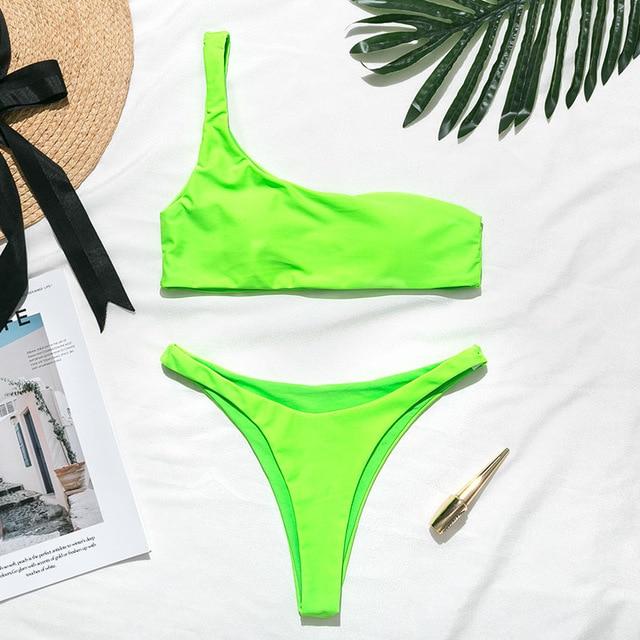 In-X High waist bikinis 2019 mujer Neon swimsuit female one shoulder swimwear women Bandeau top Sexy green bathing suit bathers