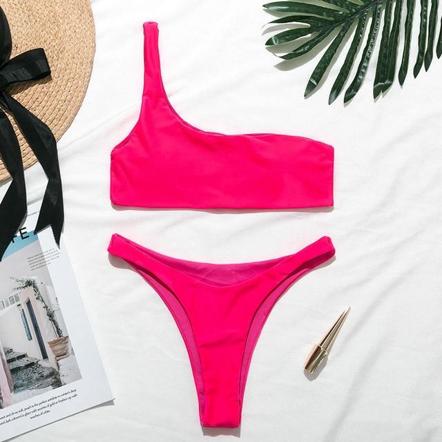 In-X High waist bikinis 2019 mujer Neon swimsuit female one shoulder swimwear women Bandeau top Sexy green bathing suit bathers