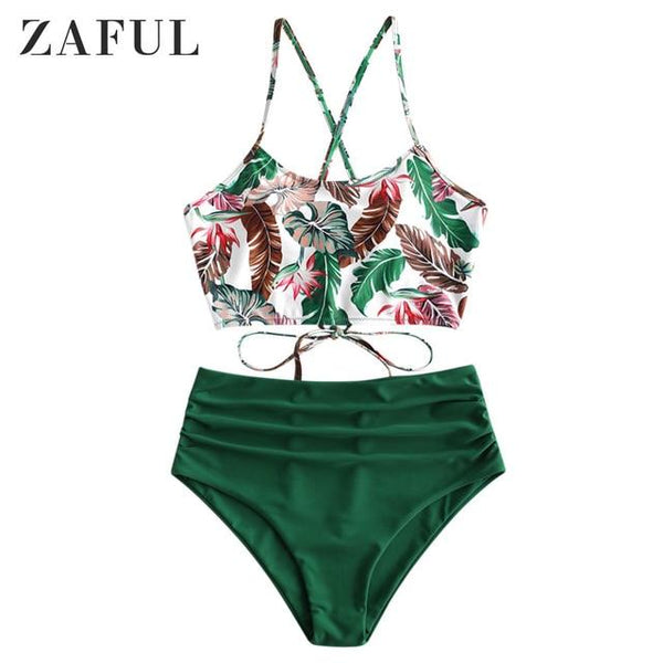 ZAFUL Leaf Print Lace-up Ruched Tankini Swimsuit Criss-Cross Spaghetti Straps High Waisted Sexy Swimwear Women Bathing Suit