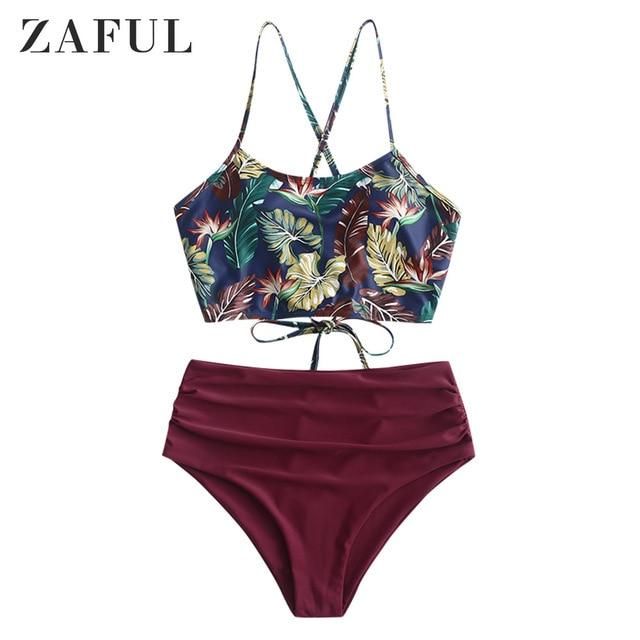 ZAFUL Leaf Print Lace-up Ruched Tankini Swimsuit Criss-Cross Spaghetti Straps High Waisted Sexy Swimwear Women Bathing Suit