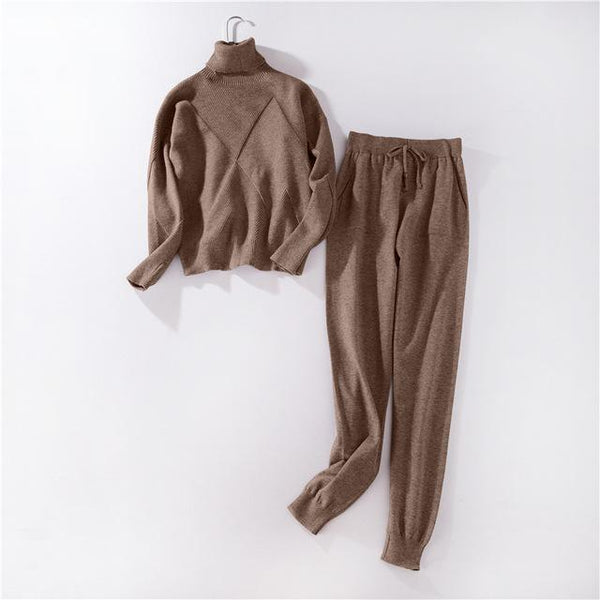 Autumn Winter Knitted Turtleneck Tracksuit For Women Casual Knitted Trousers+Turtleneck Sweater Women's Suit Warm Female Tracks