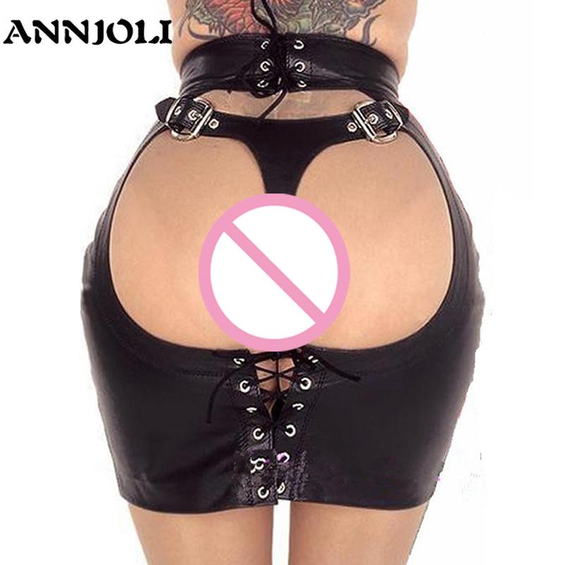 ANNJOLI That Burning Love Sexy PU Leather Bandage Dress Mooning Spanking Skirt Fetish Erotic Costumes Hot Sexy Lingerie