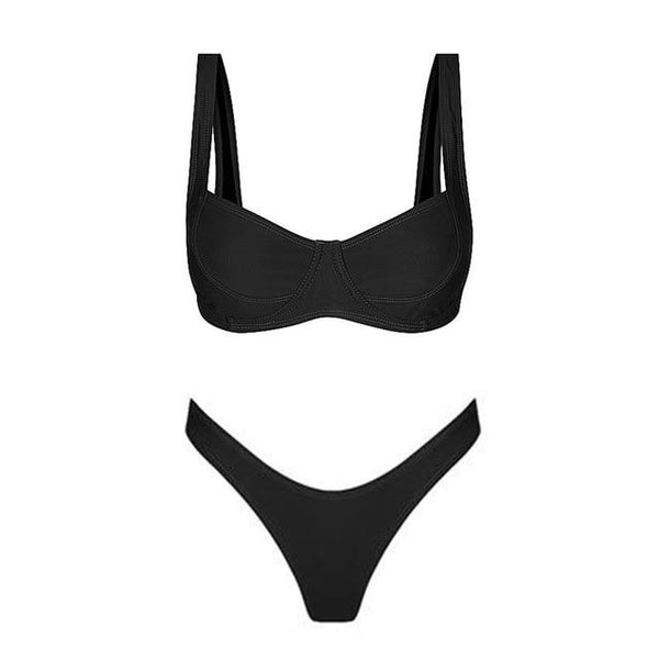 Underwire Swimsuits Big Breasts High Cut Bikini Solid Black Bikinis 2019 Women Swimwear Micro Mini Thong Swimwear Brazilian Set