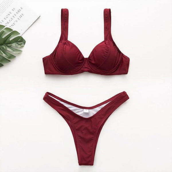 Underwire Swimsuits Big Breasts High Cut Bikini Solid Black Bikinis 2019 Women Swimwear Micro Mini Thong Swimwear Brazilian Set