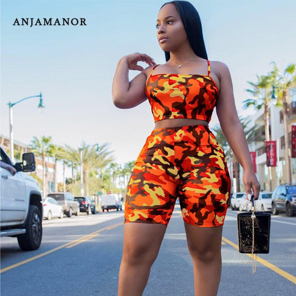 ANJAMANOR Camouflage Print Casual Two Piece Set Crop Top and Pants Summer Short Tracksuit Women Sexy Bodycon Romper D74-AA21