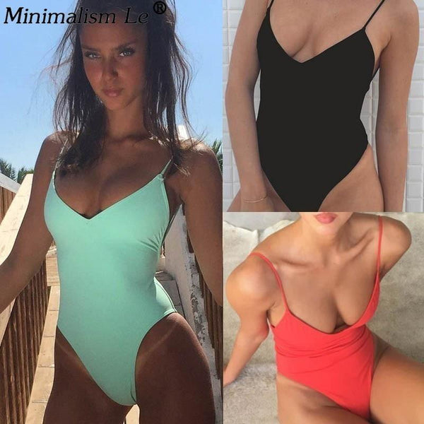 Minimalism Le Women Solid Bikinis Sexy One Piece Backless Swimsuit Female Bathing Suits Bodysuit Beach Wear 2019 New Swim Suit