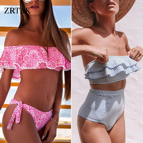 Zrtak Ruffle Bikini Bandeau Print Bandage Swimsuit Women Off Shoulder Swimwear Female  Backless Beachwear  Brazilian Bikini Set
