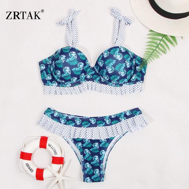 Zrtak Ruffle Off Shoulder Bikini Floral Swimsuit Bandage Lace Up Swimwear Push Up Biquini Feminino Bathing Suit Women Bikini Set