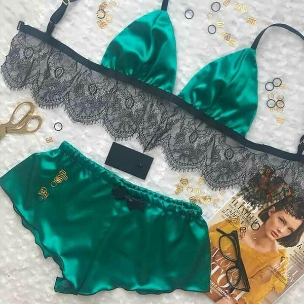 Women Lace Two Piece Swimsuit Sexy Underwear Set Beachwear Ladies Summer Satin Silk Bra Bustier Babydoll Nightwear Bathing Suit