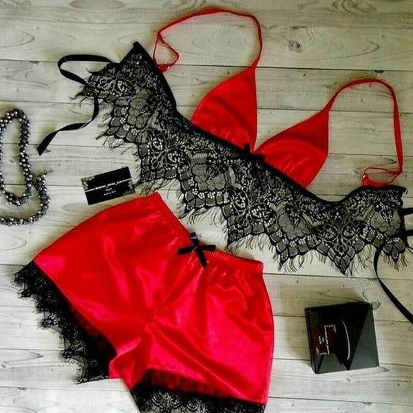 Women Lace Two Piece Swimsuit Sexy Underwear Set Beachwear Ladies Summer Satin Silk Bra Bustier Babydoll Nightwear Bathing Suit