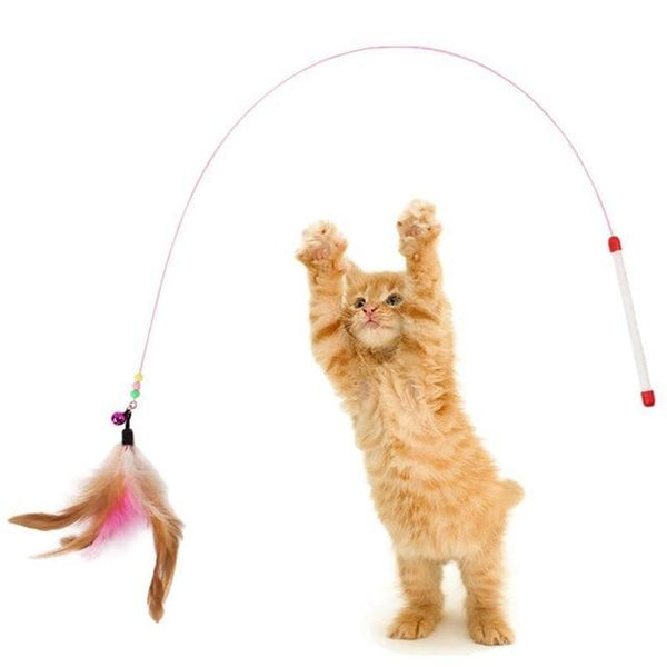 1pc Cat Feather Toy Cat Stick Feather Wand With Bell Cat Teaser Toy Cat Balls Mouse Cage Toys Plastic Artificial Colorful