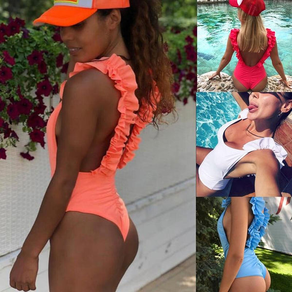 Falbala One Piece Swimsuit Women Bikini 2019 New Sexy Bikini Mujar Solid Swimwear Thong Padded Bathing Suit Beach Bikinis Set