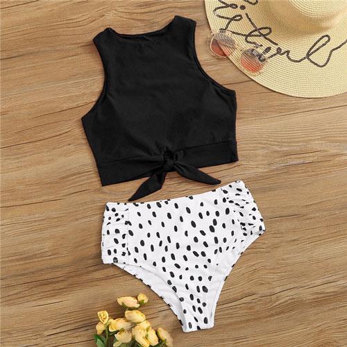 Romwe Sport Two-Pieces Suits Knot Hem Top With Ruched Panty 2 Piece Swimsuit Women Summer High Neck Casual Swimwear 2 Colors
