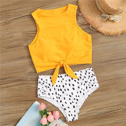 Romwe Sport Two-Pieces Suits Knot Hem Top With Ruched Panty 2 Piece Swimsuit Women Summer High Neck Casual Swimwear 2 Colors