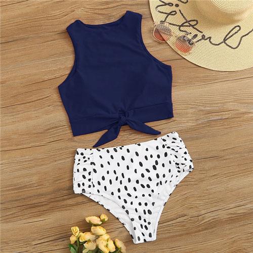 Romwe Sport Two-Pieces Suits Knot Hem Top With Ruched Panty 2 Piece Swimsuit Women Summer High Neck Casual Swimwear 2 Colors