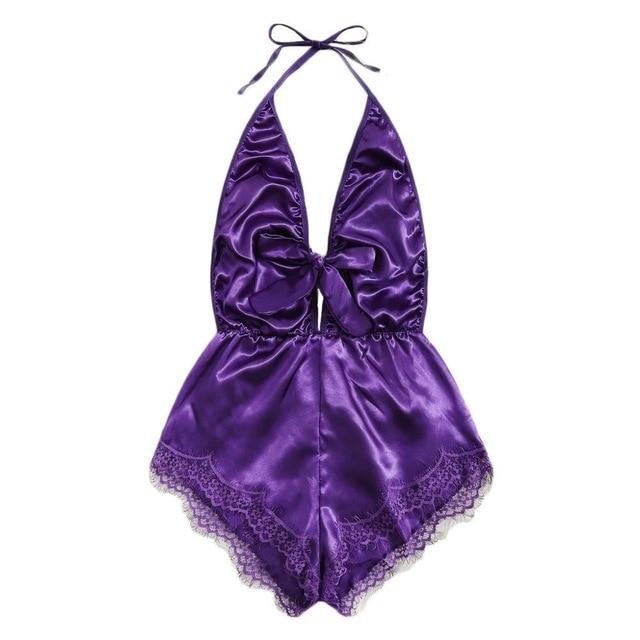 Sexy Lingerie Women Satin Babydoll Teddy Deep V Splice Lace Bow Halter Backless Sleepwear Pajamas Underwear Langerie Costumes