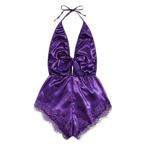 Sexy Lingerie Women Satin Babydoll Teddy Deep V Splice Lace Bow Halter Backless Sleepwear Pajamas Underwear Langerie Costumes