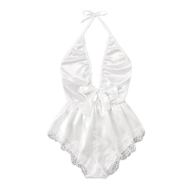 Sexy Lingerie Women Satin Babydoll Teddy Deep V Splice Lace Bow Halter Backless Sleepwear Pajamas Underwear Langerie Costumes