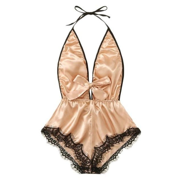 Sexy Lingerie Women Satin Babydoll Teddy Deep V Splice Lace Bow Halter Backless Sleepwear Pajamas Underwear Langerie Costumes