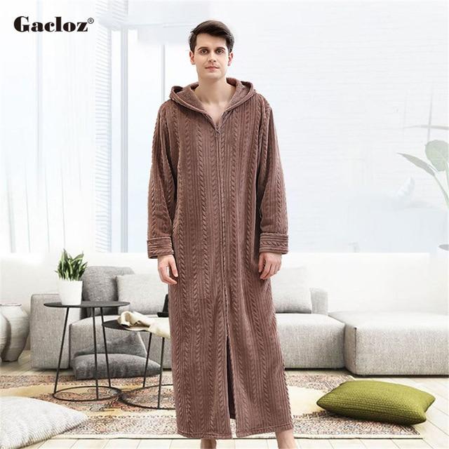 Gacloz Lovers Hooded Bathrobe Plus Size Flannel Sleepwear Winter Zip Robe Women Men Long Nightgown Bath Robe badjas