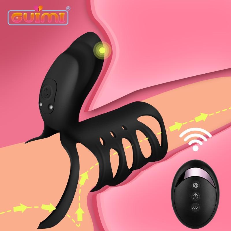GUIMI Penis Vibrator Ring 10 Speeds Remote Vibrating vibro-ring Erotic Sex Tongue Clitoris Massager Silicone Sex Toys for Men