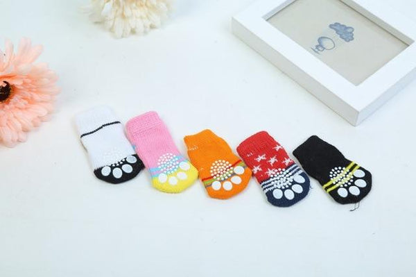 4 pcs / lot  Perro Pet Socks Cotton Anti-slip Knit Weave Warm Sock Skid Bottom Dog Clothes hond chien Mascotas calcetines lote