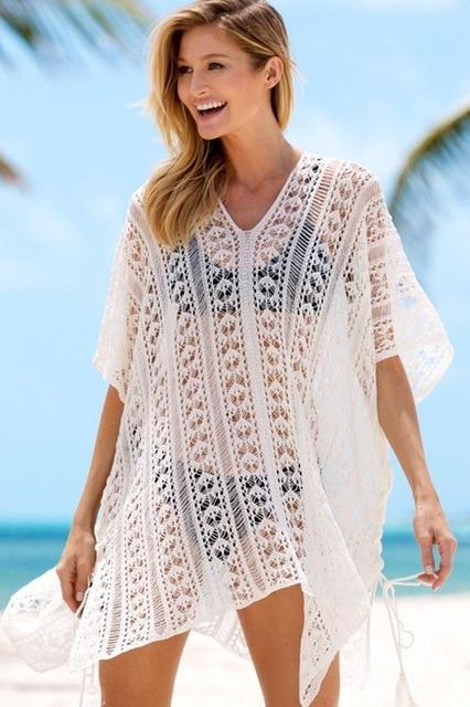 Sexy Beachwear Cover Up Bikini Women Crochet Swimsuit Cover-up Bathing Suit Beach Wear Knitting Swimwear Mesh Beach Dress Tunic