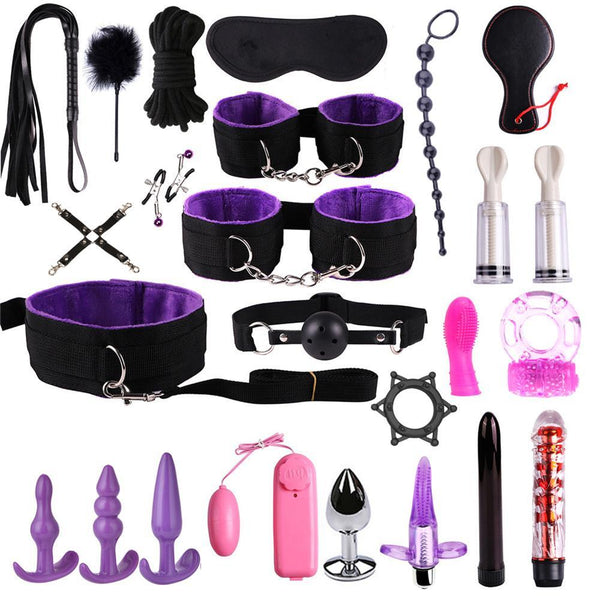 24PCS/Set New Sexy Clothing Plush Suit Sex Toys Alternative Set Foot Handcuffs Leather Whip Fastener Set Nylon Leather Set