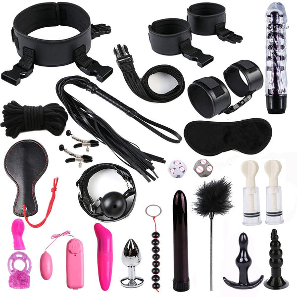 Dildo Vibrator Anal Plug Set Handcuffs Whip Nipples Clip Blindfold Breast Pump BDSM Games Adult Sex Toys Kit For Couples