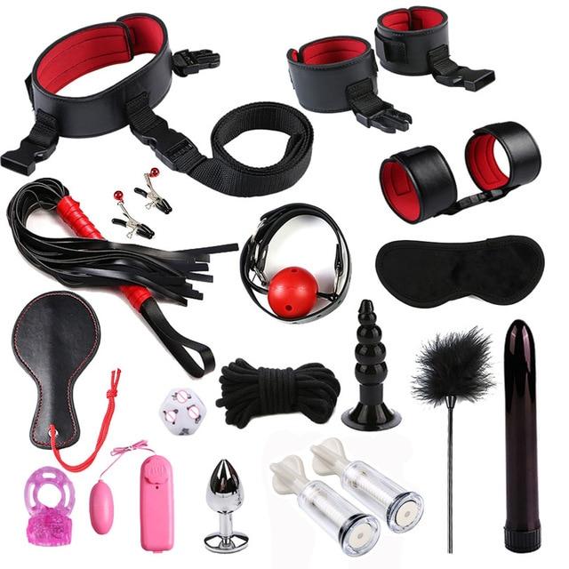Dildo Vibrator Anal Plug Set Handcuffs Whip Nipples Clip Blindfold Breast Pump BDSM Games Adult Sex Toys Kit For Couples