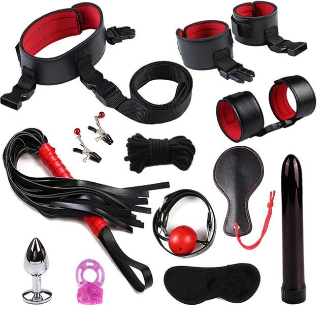 Dildo Vibrator Anal Plug Set Handcuffs Whip Nipples Clip Blindfold Breast Pump BDSM Games Adult Sex Toys Kit For Couples